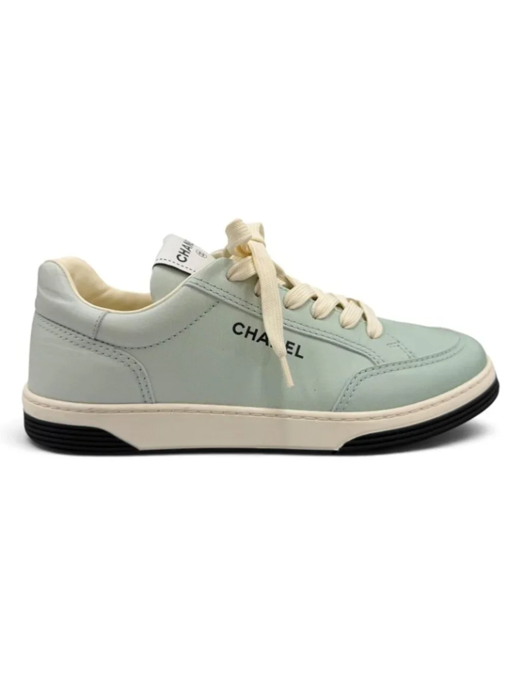 Chanel 24K Logo Lace Up Leather Low Cut Sneakers Mint Green